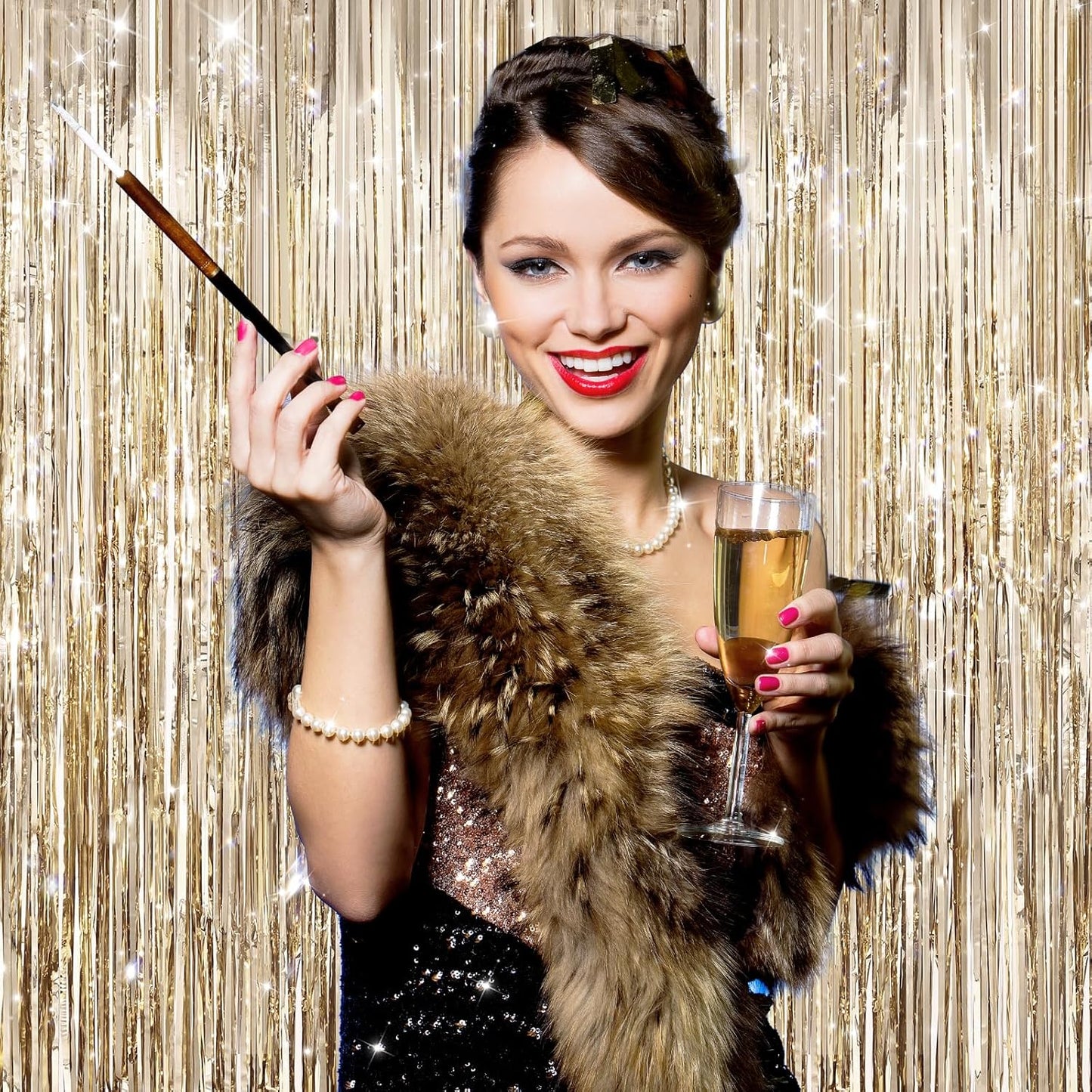 GCB 2Pack Black Metallic Tinsel Foil Fringe Curtains, Black Foil Curtain Backdrop, Photo Booth Props for Birthday Wedding Baby Shower Bachelorette Xmas Celebration Party Decorations Door Streamers