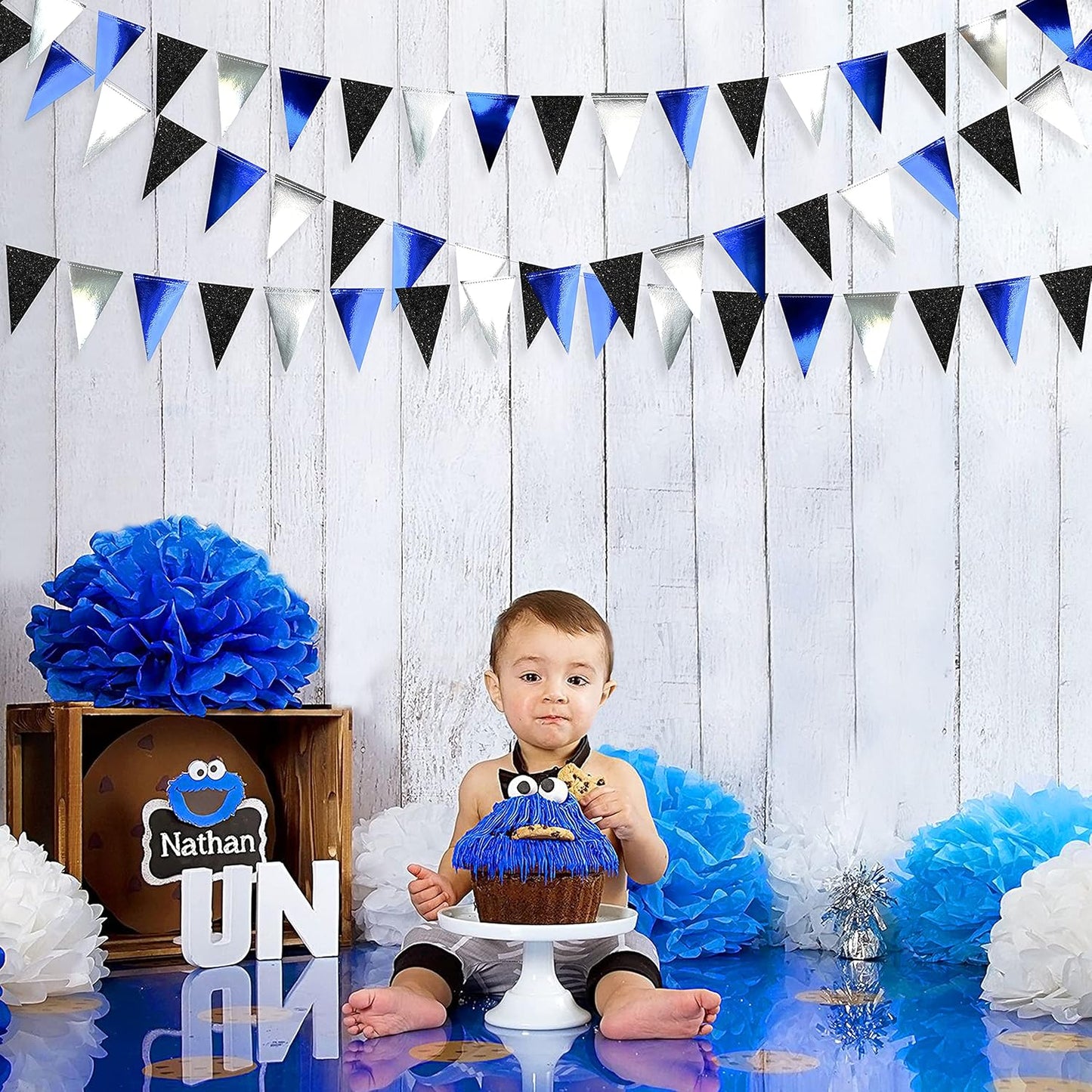 30Ft Navy Blue Gold and Beige Party Decorations Royal Blue Gold Triangle Flag Pennant Banner Bunting for Graduation Birthday Wedding Bridal Shower Nautical Ahoy Achor Theme Party Decorations Supplies
