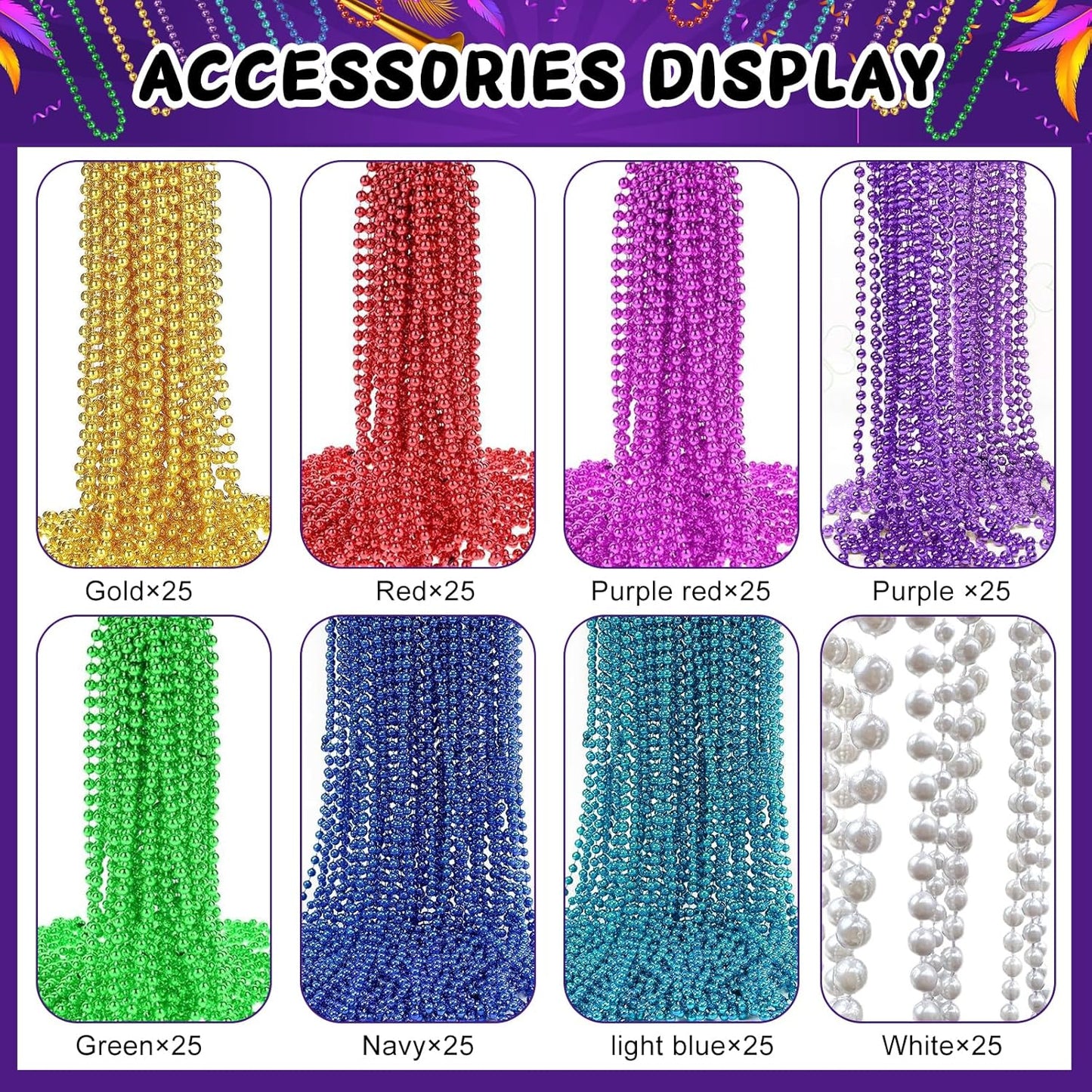 200PCS Mardi Gras Beads Necklaces Bulk 33 Inch 7 mm Purple Blue Pink Silver Gold Red Green Mardi Gras Beaded Necklaces Glow Party Throw Parade Beads Mardi Gras Decorations for Women Men Kids