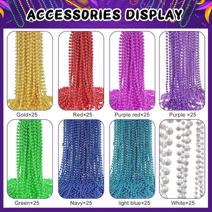 200PCS Mardi Gras Beads Necklaces Bulk 33 Inch 7 mm Purple Blue Pink Silver Gold Red Green Mardi Gras Beaded Necklaces Glow Party Throw Parade Beads Mardi Gras Decorations for Women Men Kids