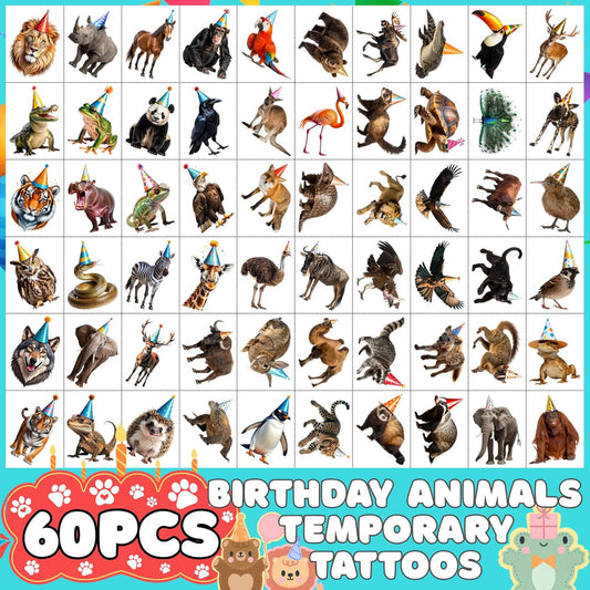 Watercolor Wildlife Jungle Animal Temporary Tattoos | Colorful Wildlife Animal Birthday Party Decorations Party Favors Supplies Accessories Stickers Gift Idea Kids Teen Boy Girl Adult 60Pcs Pre-cut