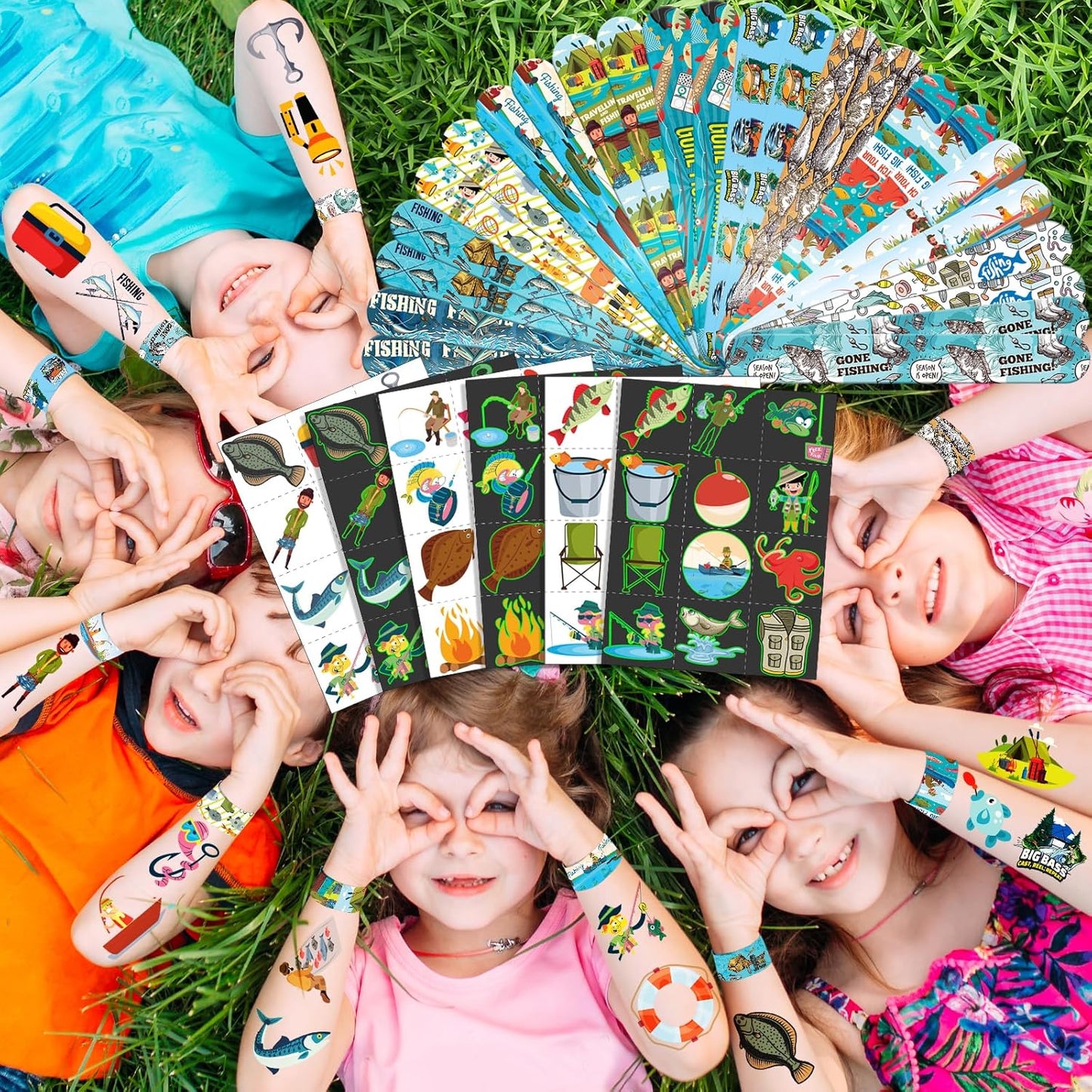 96 PCS Fishing Party Favors Set – 72 Pre-Cut Temporary Tattoos & 24 Slap Bracelets for Kids, Perfect for Outdoor Birthday Parties, Camping Adventures & Classroom Rewards
