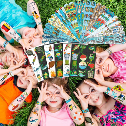 96 PCS Fishing Party Favors Set – 72 Pre-Cut Temporary Tattoos & 24 Slap Bracelets for Kids, Perfect for Outdoor Birthday Parties, Camping Adventures & Classroom Rewards