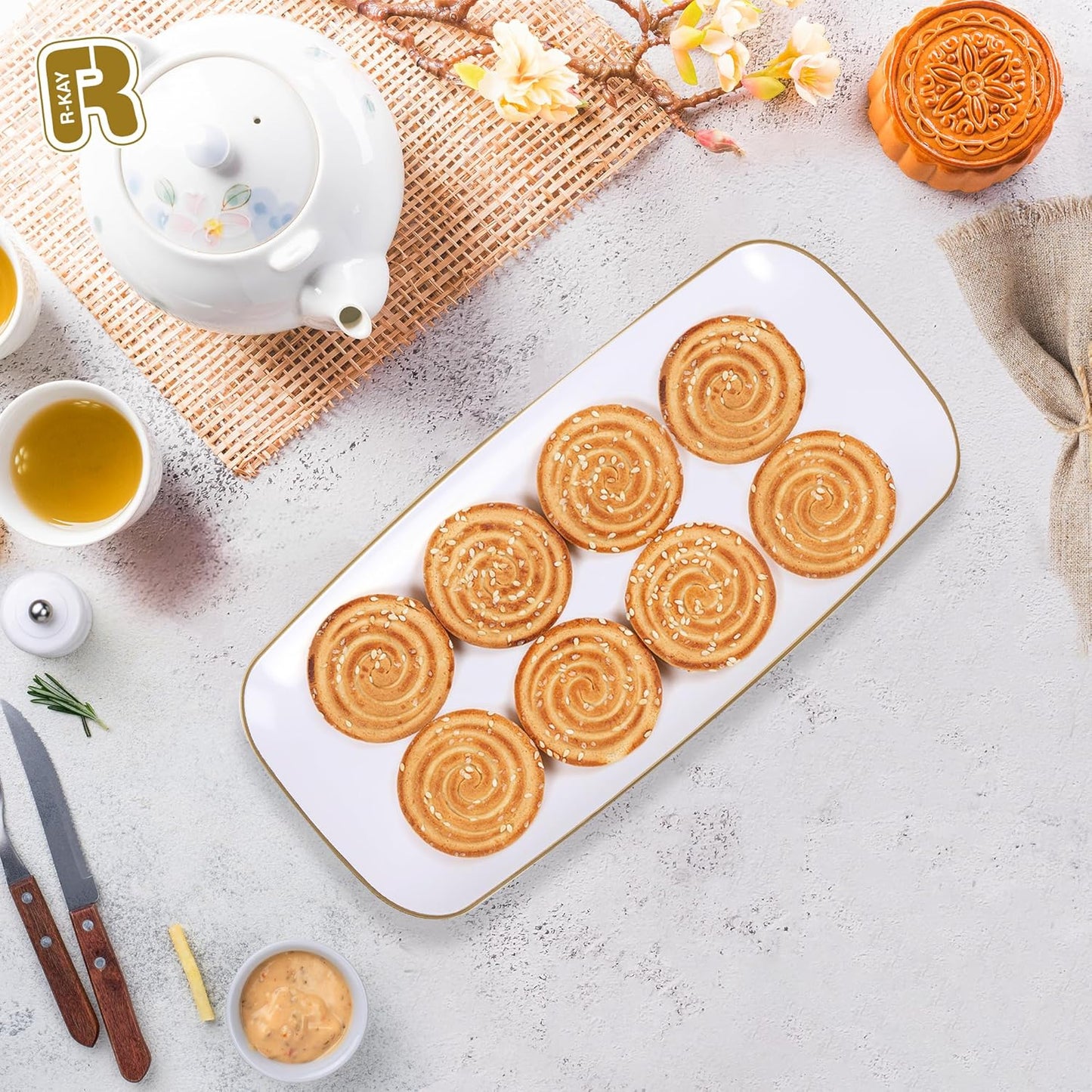 R-kay 4 Pack White Plastic Serving Trays for Party - White Serving Tray 17 by 6.5 in - Rectangular Heavy Duty Dessert Trays for Food