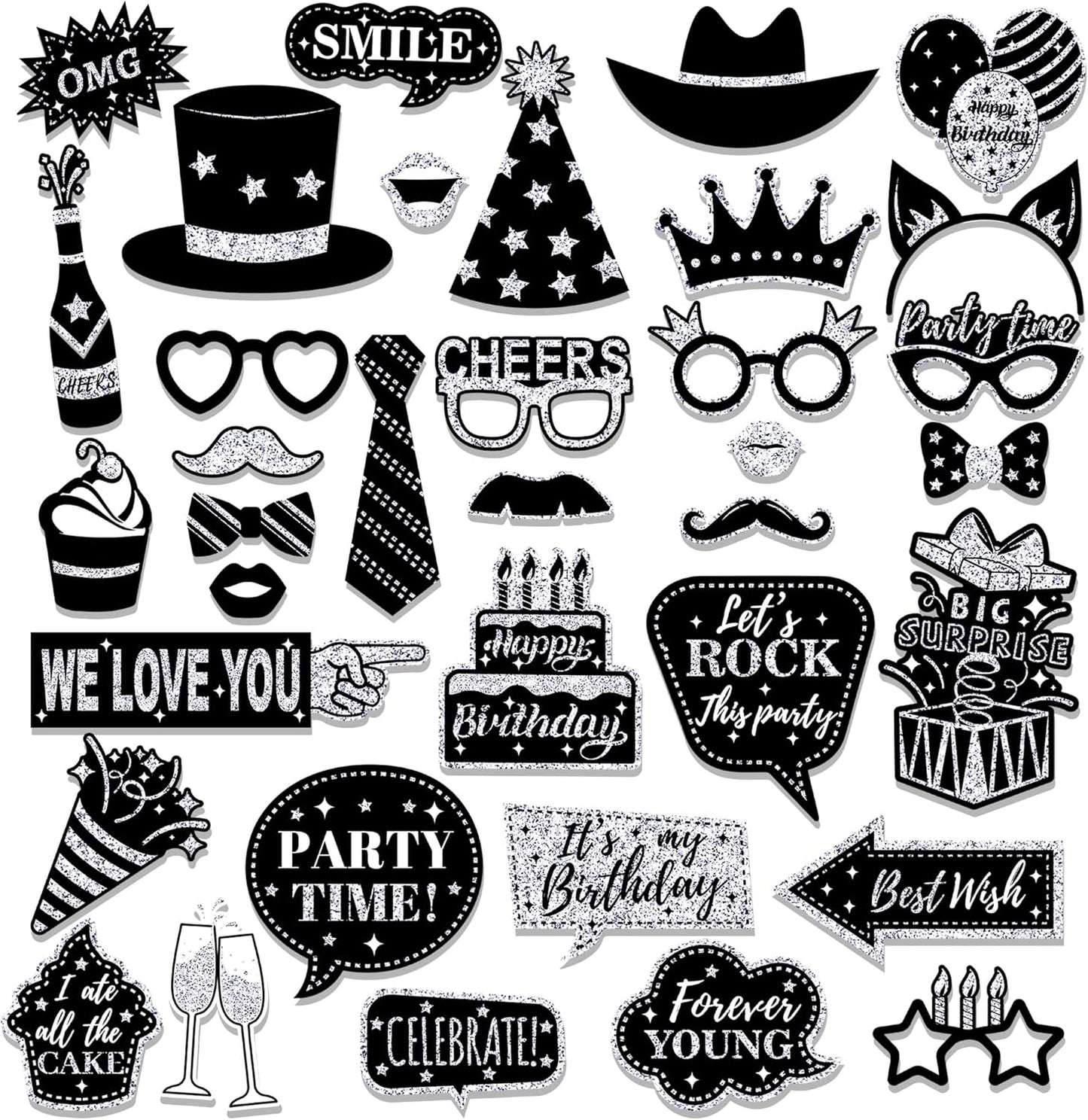 36 PCS Birthday Photo Booth Props Party Supplies Holiday Picture Decorations Photo Booth Props for Birthday Party Favors Pose Sign Kit Fun for Party (Purple and Black)