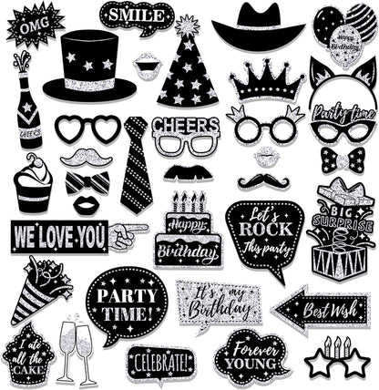 36 PCS Birthday Photo Booth Props Party Supplies Holiday Picture Decorations Photo Booth Props for Birthday Party Favors Pose Sign Kit Fun for Party (Purple and Black)