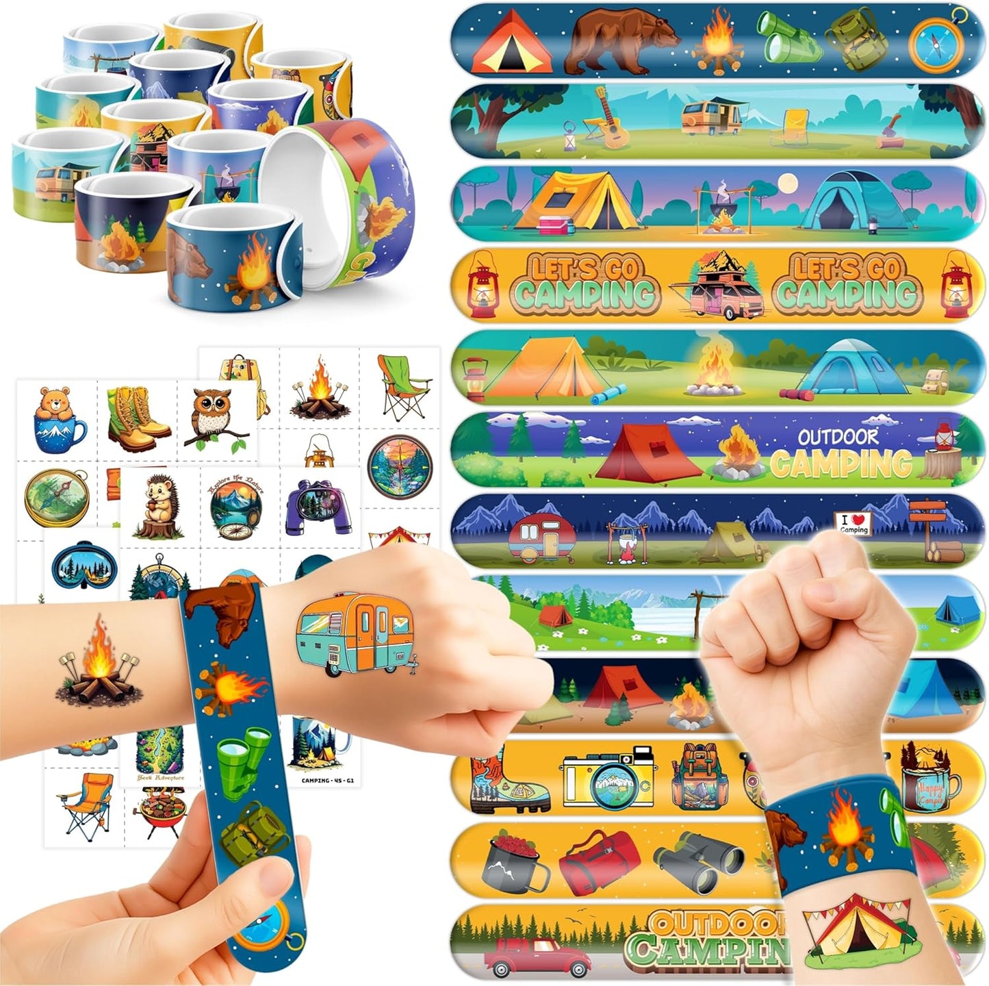 48 PCS Camping Party Favors 24PCS Tattoos Sticker 24PCS Slap Bracelets Wristbands Perfect for Camp Themed Birthday Baby Showers or Classroom Rewards Ideal Decor and Gifts for Girls Boys (Camping 2)