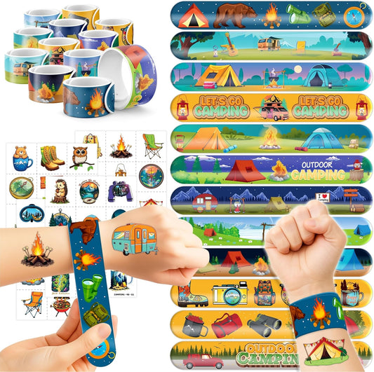 48 PCS Camping Party Favors 24PCS Tattoos Sticker 24PCS Slap Bracelets Wristbands Perfect for Camp Themed Birthday Baby Showers or Classroom Rewards Ideal Decor and Gifts for Girls Boys (Camping 2)