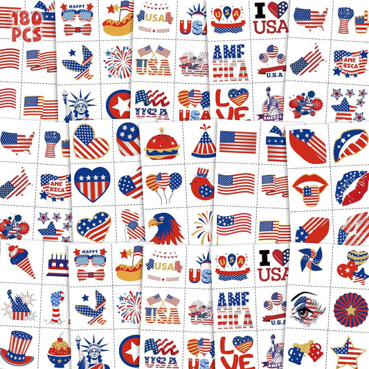 180Pcs Patriots-Tattoos Red-White and Blue - 4th of July American USA Flag Tattoos Individually Sheets Fourth of July Stickers Independence/Memorial/Labor Day Party Decorations Favors