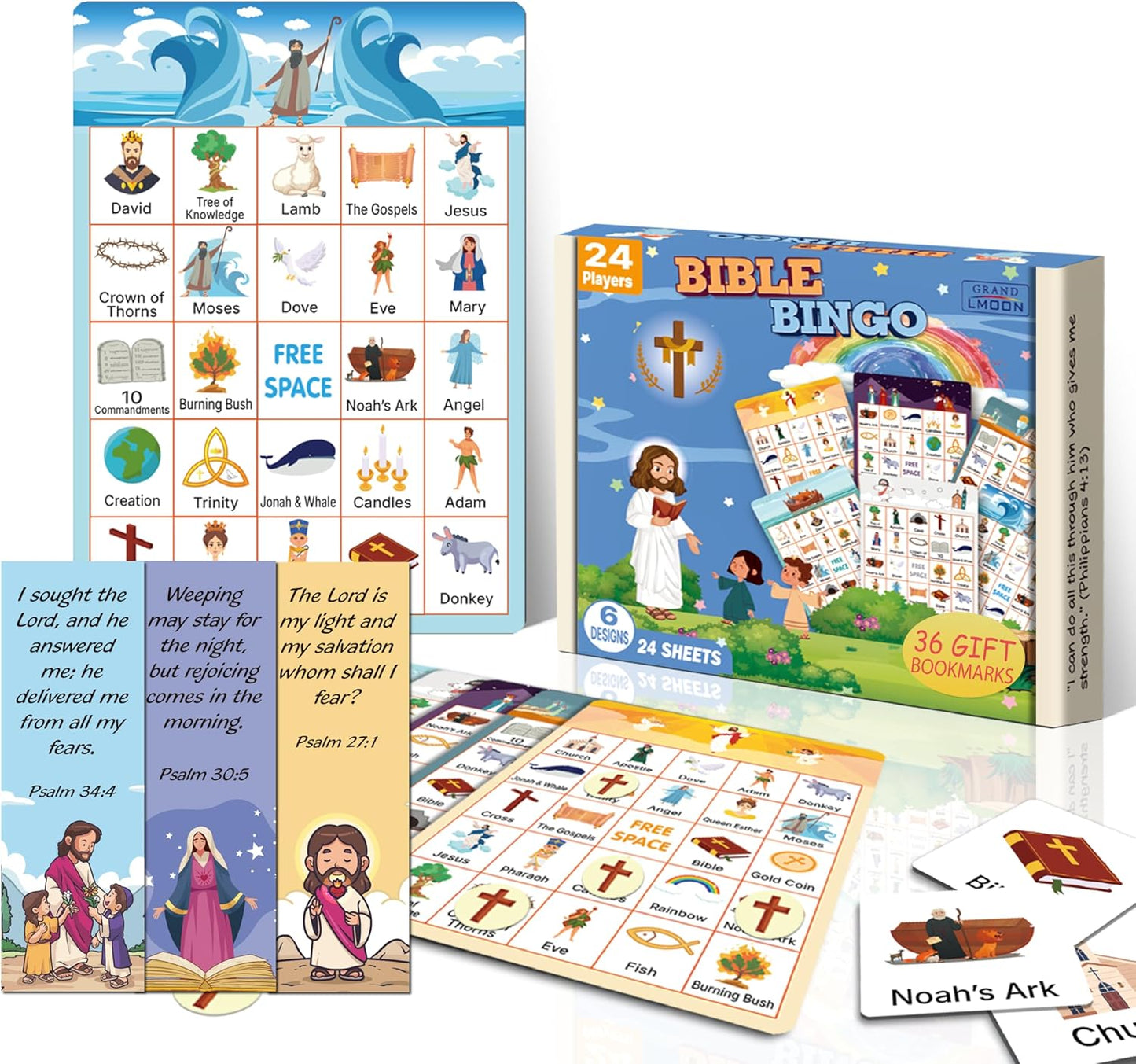 GRANDLMOON Bible Bingo Game 24 Players 6 Designs Christian Bible Bingo Card Religious Game Activities for Vacation Bible School Christian Sunday Church Easter Gift Family Open Day Supplies Box