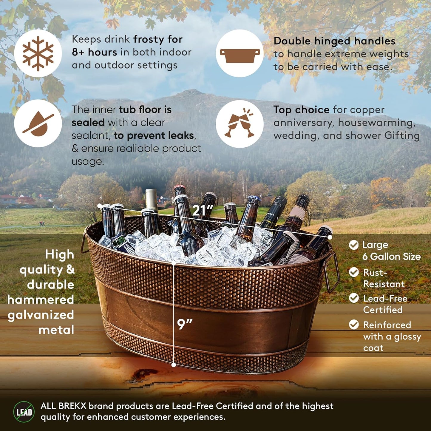 BREKX Aspen Galvanized Tub, Copper Finish Metal Ice and Drink Cooler for Parties, Sealed Leak Resistant Party Cooler, Easy to Clean, Handcrafted, Large Oval 25-Quart (6 Gallon), 30 Bottle Bucket