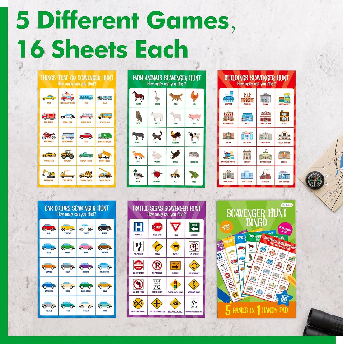 Road Trip Game Pad, 5 Games in 1 (Farm Animals, Car Colors, Buildings, Traffic Signs, Vehicles Scavenger Hunt Bingo), Pen Pencil Paper Game, Plane Trip/ Car Travel/Getaway Activity Pad for Kid, Adult