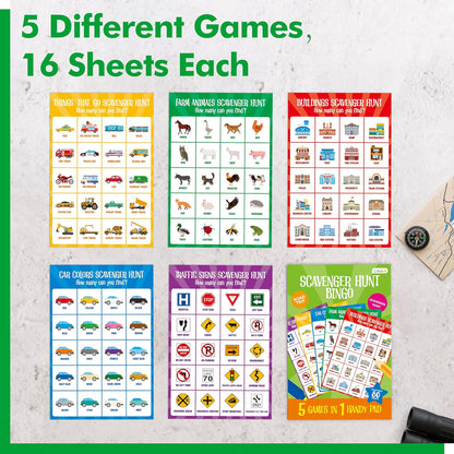 Road Trip Game Pad, 5 Games in 1 (Farm Animals, Car Colors, Buildings, Traffic Signs, Vehicles Scavenger Hunt Bingo), Pen Pencil Paper Game, Plane Trip/ Car Travel/Getaway Activity Pad for Kid, Adult