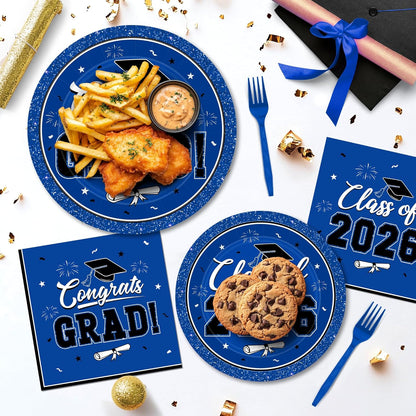 200Pcs Graduation Decorations 2026, Blue Graduation Plates and Napkins Party Supplies for 50 Guests, Disposable Grad Plates, Napkins, Dessert Plates and Forks for Grad Decor Wedding Birthday Supplies