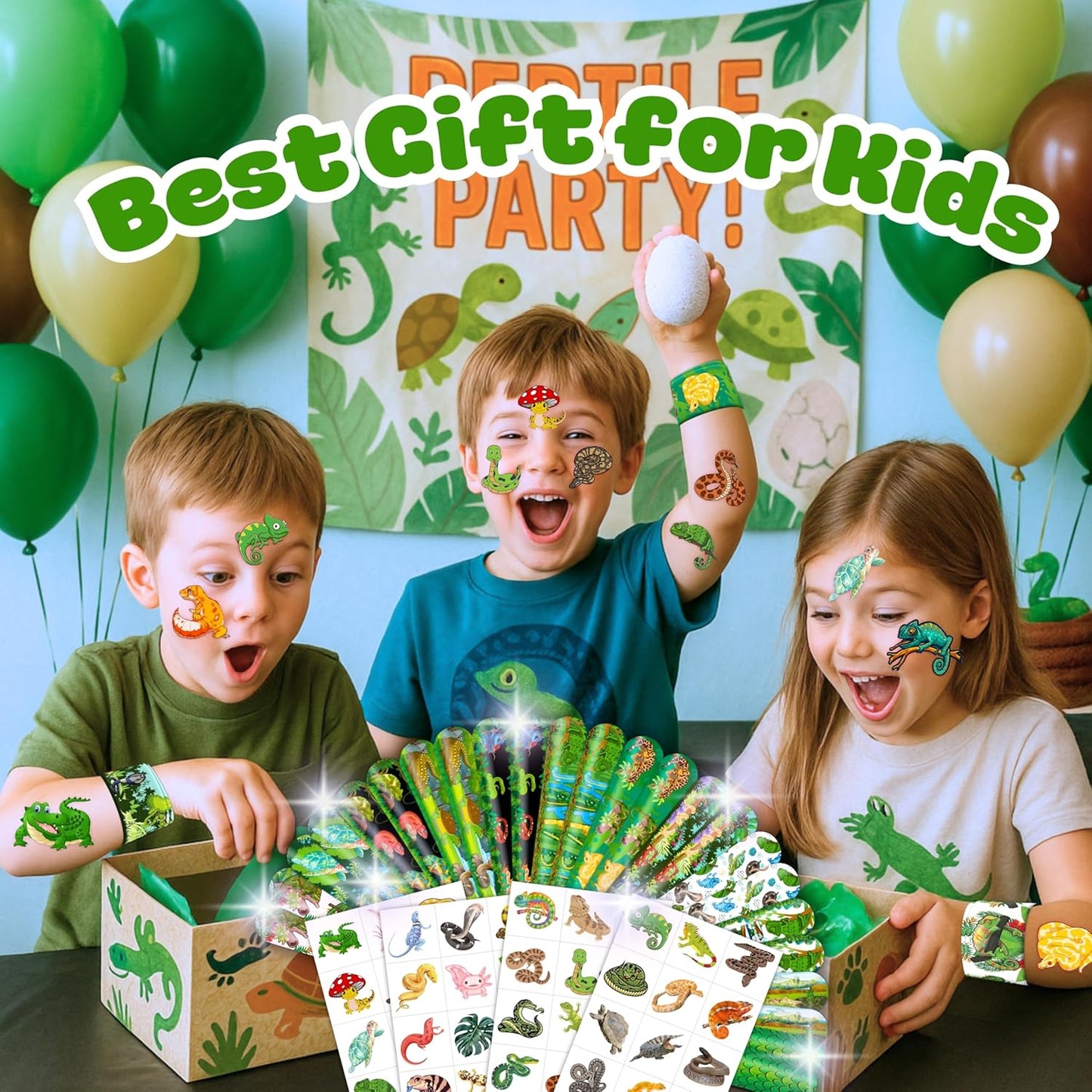 72PCS Reptile Party Favors - 48 Pre-cut Tattoos & 24 Slap Bracelets, Alligator, Lizard, Gecko, Snake Patterns - Perfect for Reptile-Themed Birthdays, Classroom Prizes, and Party Supplies for Boys