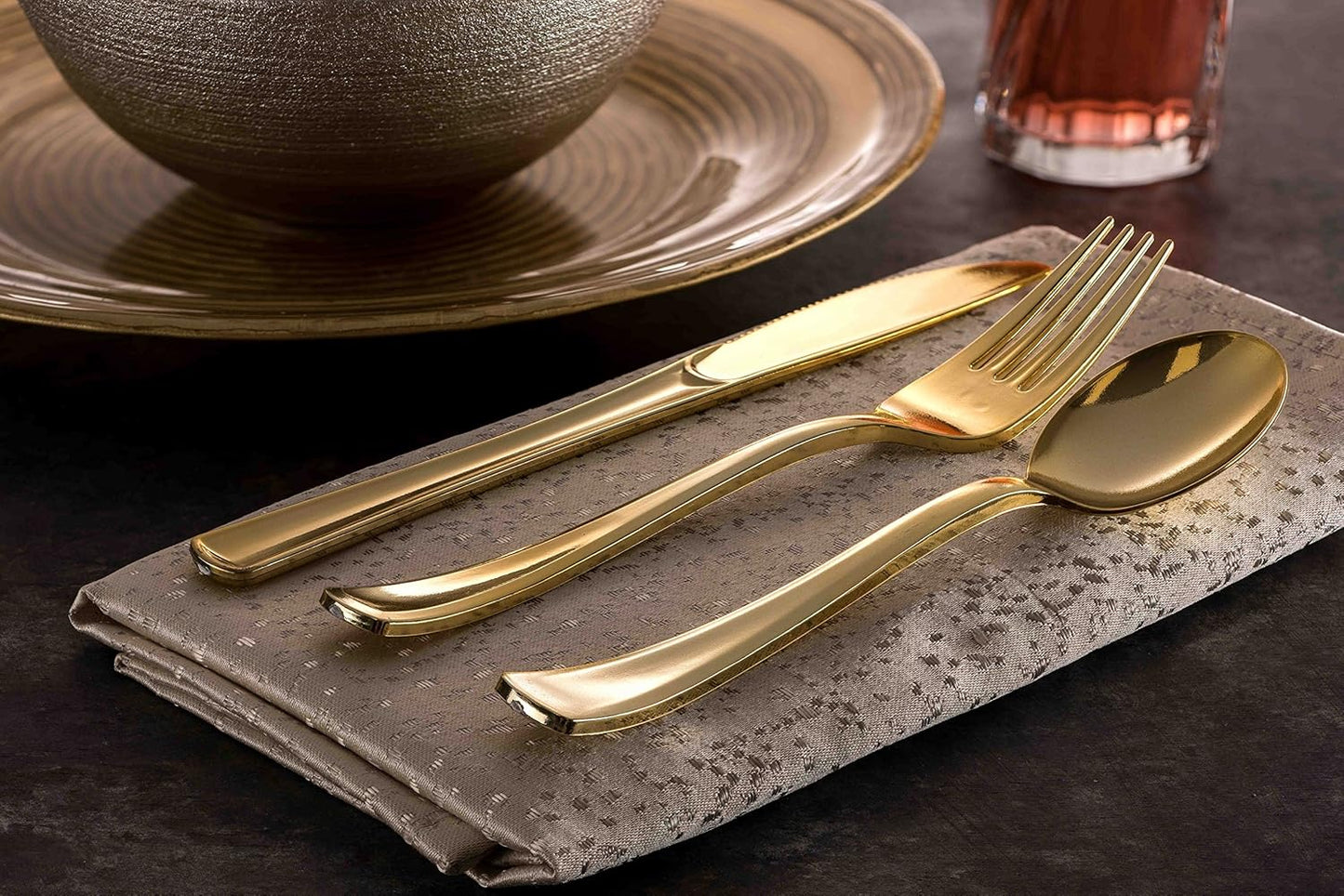 160 Silverware Set - Disposable Flatware - 80 Plastic Forks, 40 Plastic Spoons, 40 Cutlery Knives - Heavy Duty for Party Bulk Pack (Gold)