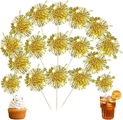 Ephlyn 30Pcs Foil Firework Cupcake Toppers Sparkle Tinsel Cupcake Picks Drink Stirrers Cocktail Food Fruit Toothpicks for Baby Shower Graduation Party Supplies White