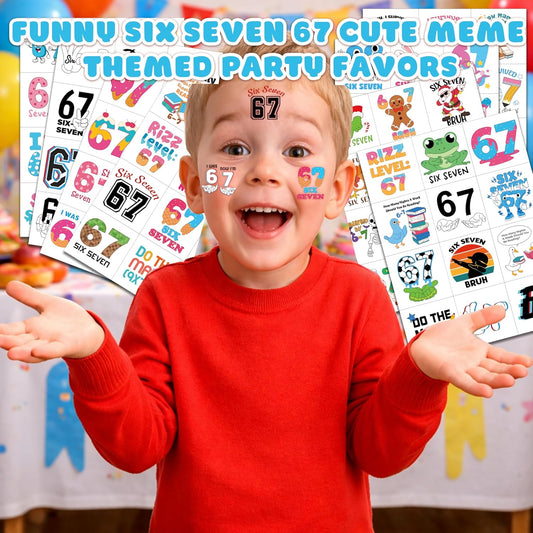 96 PCS Funny Six Seven 67 Pre-Cut Temporary Tattoos for Kids | Super Cute Themed Birthday Party Favors, Supplies, Decorations, Cute Meme Fake Tattoo Stickers, School Rewards & Gifts For Boys & Girls
