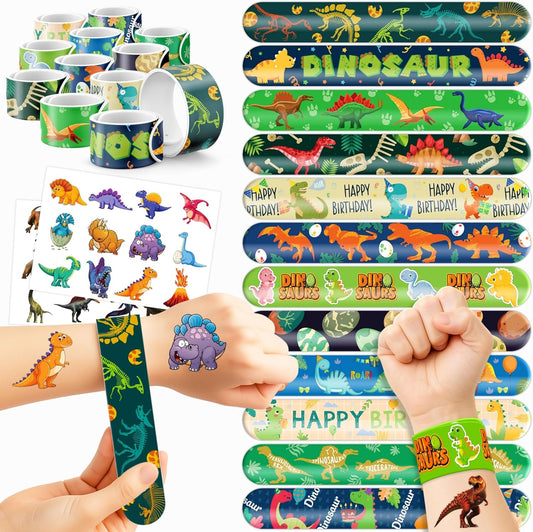 Cherisnowy 72 PCS Dinosaur Party Favors 48PCS Tattoos 24PCS Slap Bracelets Wristbands Perfect for Dino Themed Birthday Baby Showers or Classroom Rewards Ideal Decor and Gifts for Girls and Boys