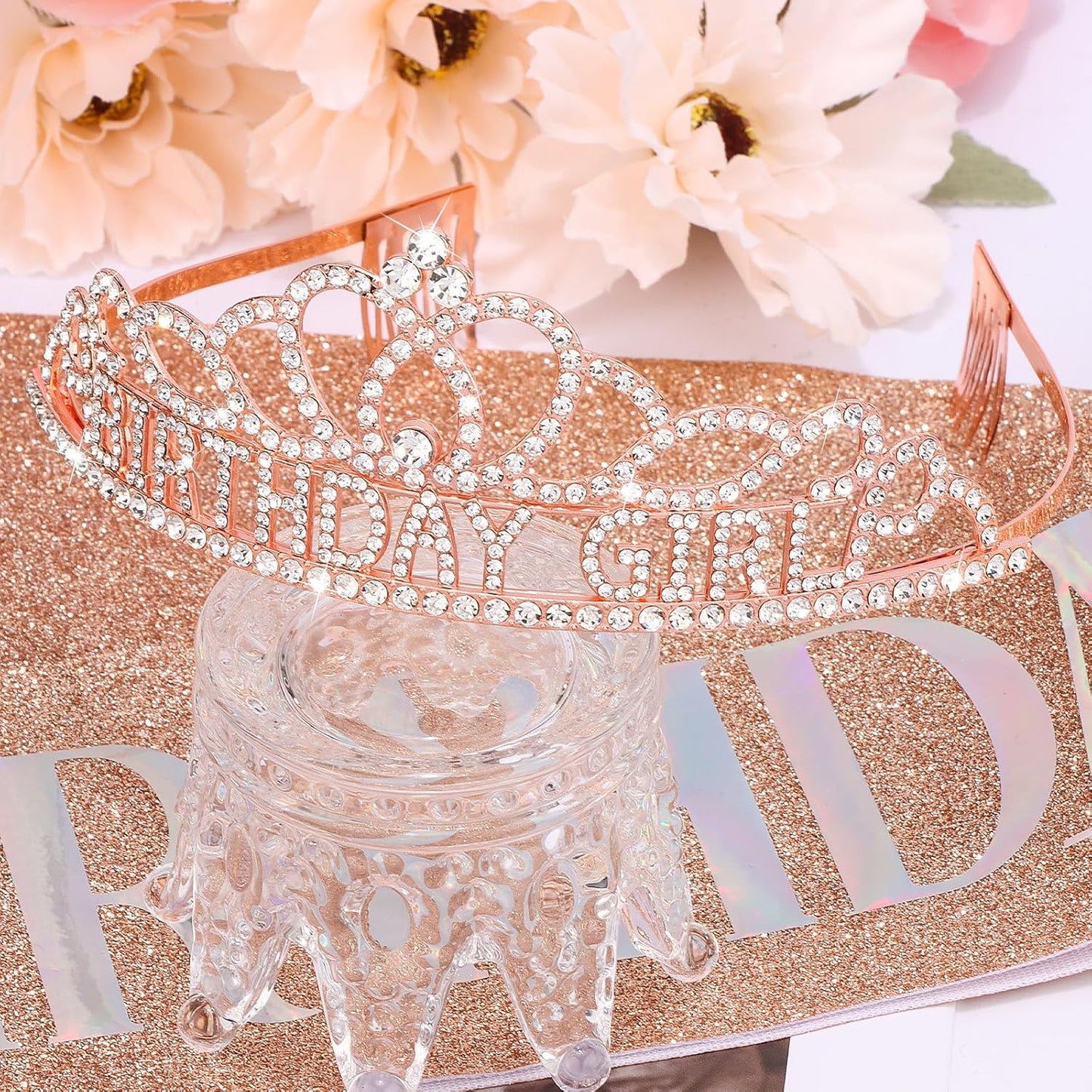 Chanaco Happy Birthday Crown and Sash Kit for Women and Girls - Rhinestone Tiara and Sashes with 'BIRTHDAY GIRL' Sash for Party Favors