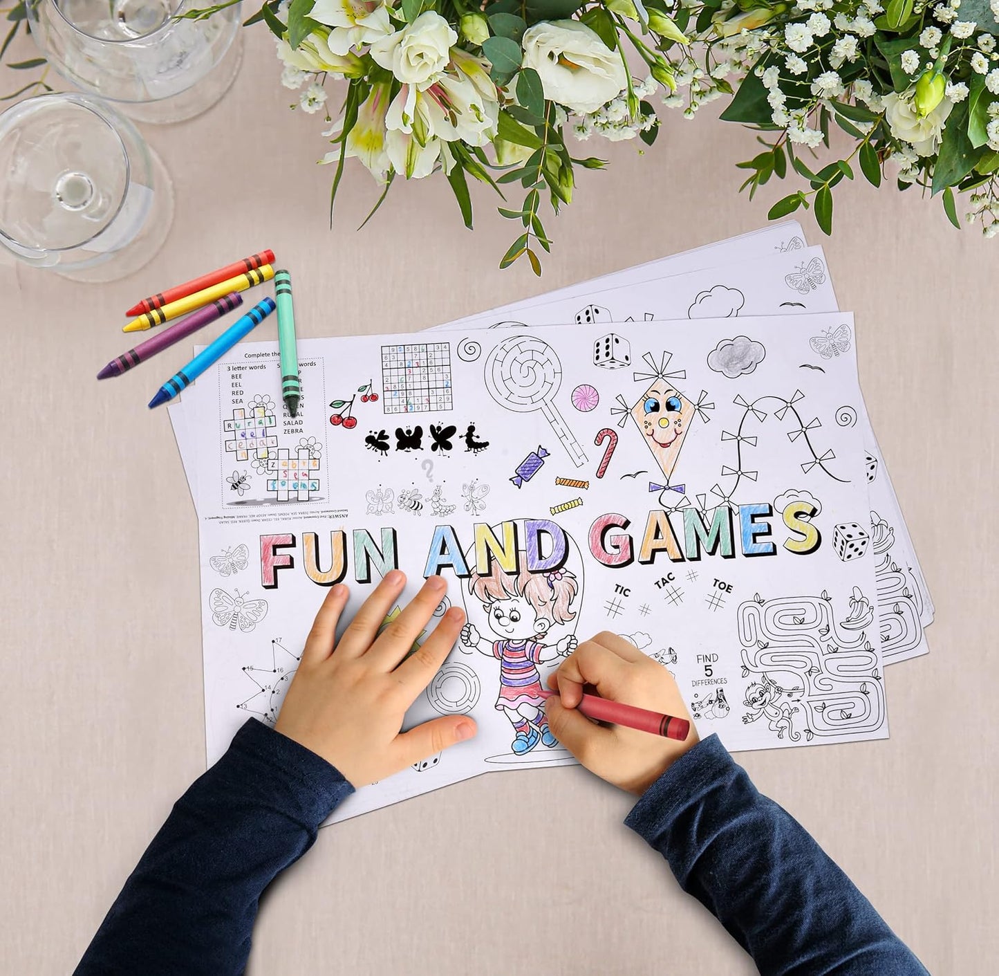 50 Kids Activity Placemats Disposable Paper 11x17 Double Sided Coloring Puzzle Games Sheets Restaurant Entertainment Crafts Party Table Decor