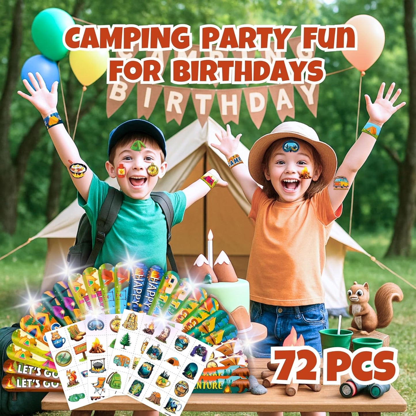 48 PCS Camping Party Favors 24PCS Tattoos Sticker 24PCS Slap Bracelets Wristbands Perfect for Camp Themed Birthday Baby Showers or Classroom Rewards Ideal Decor and Gifts for Girls Boys (Camping 2)