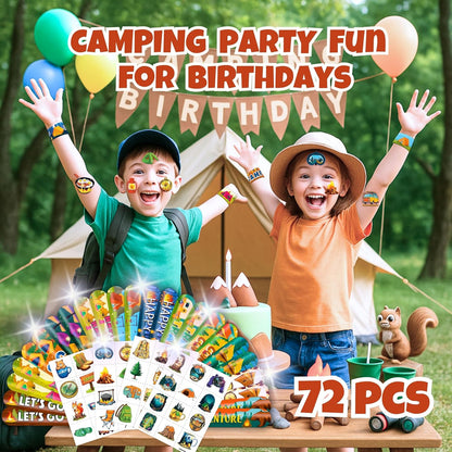 48 PCS Camping Party Favors 24PCS Tattoos Sticker 24PCS Slap Bracelets Wristbands Perfect for Camp Themed Birthday Baby Showers or Classroom Rewards Ideal Decor and Gifts for Girls Boys (Camping 2)