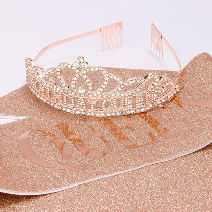 CAVETEE Gold Birthday Crowns and Sash - Queen Tiara for Party Decorations