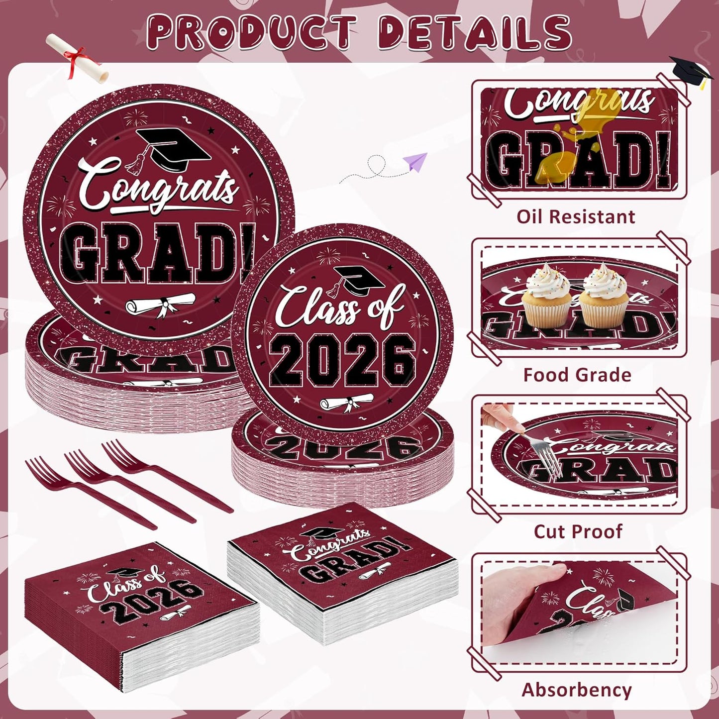 200Pcs Graduation Decorations 2026, Blue Graduation Plates and Napkins Party Supplies for 50 Guests, Disposable Grad Plates, Napkins, Dessert Plates and Forks for Grad Decor Wedding Birthday Supplies