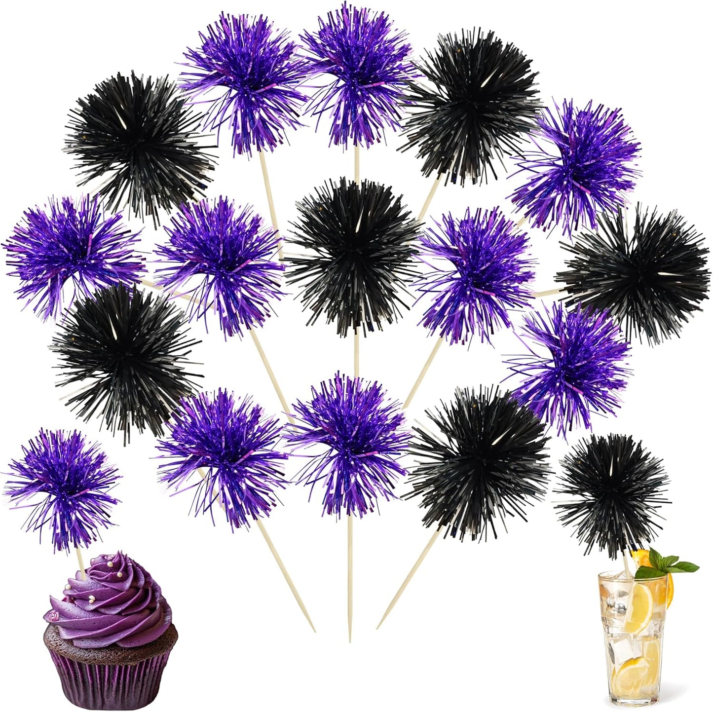 Ephlyn 30Pcs Foil Firework Cupcake Toppers Sparkle Tinsel Cupcake Picks Drink Stirrers Cocktail Food Fruit Toothpicks for Baby Shower Graduation Party Supplies White