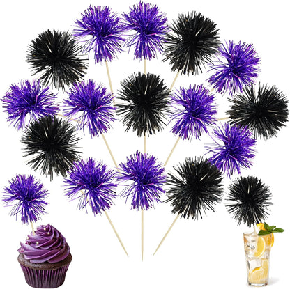 Ephlyn 30Pcs Foil Firework Cupcake Toppers Sparkle Tinsel Cupcake Picks Drink Stirrers Cocktail Food Fruit Toothpicks for Baby Shower Graduation Party Supplies White