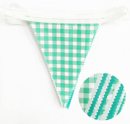 32Ft Dusty Blue Party Decorations Retro Blue Gingham Triangle Banner Flag Pennant Fabric Garland Streamers for Nautical Wedding Birthday Ahoy Achor Bridal Baby Shower Under The Sea Decor Supplies