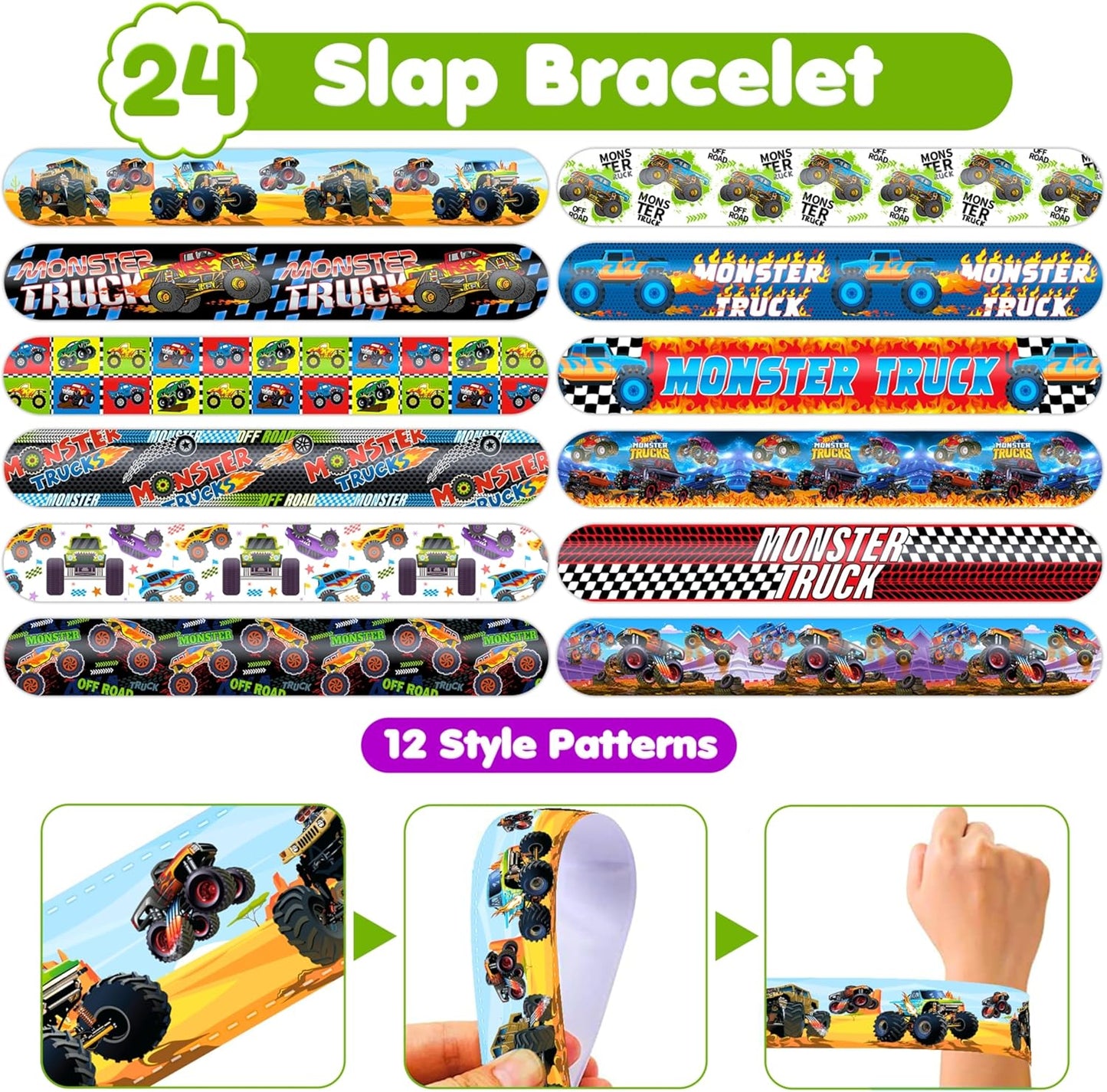 72PCS Monster Truck Party Favors | 48 Pre Cut Temporary Tattoos 24 Slap Bracelets Kids Boys Birthday Party Supplies Classroom Prizes School Rewards