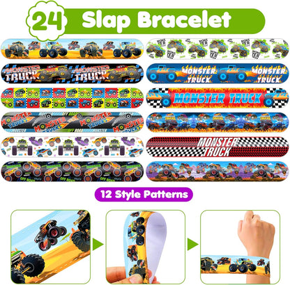 72PCS Monster Truck Party Favors | 48 Pre Cut Temporary Tattoos 24 Slap Bracelets Kids Boys Birthday Party Supplies Classroom Prizes School Rewards