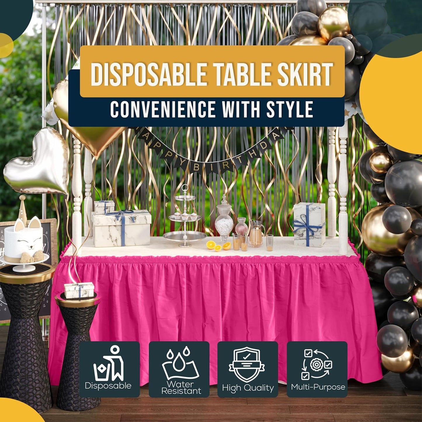 Exquisite Ruffle Table Skirt Black 6 Pack 14 Ft Long Table Skirts for Rectangle Tables 6ft Plus or Round Tables Skirts with Adhesive Strip for Gender Reveal Decor & Happy Birthday Parties