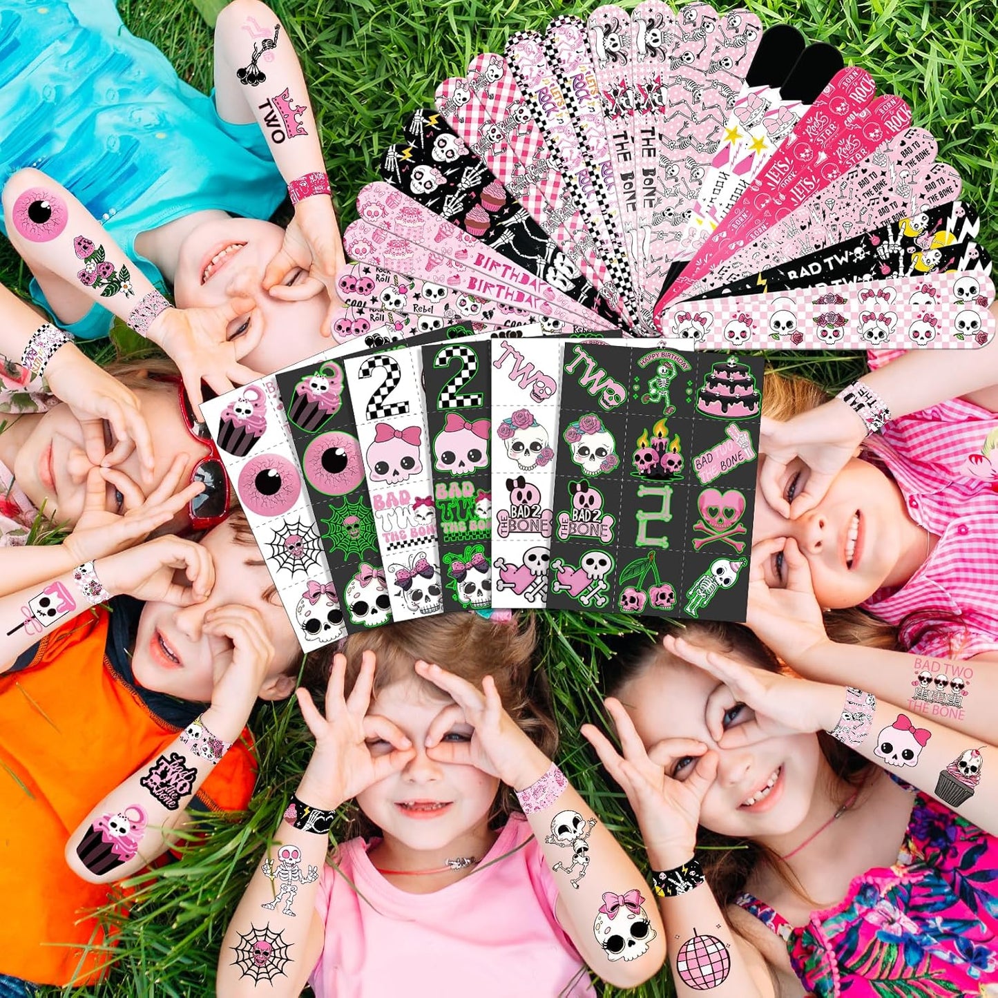 96 PCS Bad Two the Bone Party Favors Set – 72 Pre-Cut Temporary Tattoos & 24 Rock-Inspired Slap Bracelets for Kids, Perfect for Punk Birthday Parties & Classroom Rewards