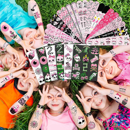 96 PCS Bad Two the Bone Party Favors Set – 72 Pre-Cut Temporary Tattoos & 24 Rock-Inspired Slap Bracelets for Kids, Perfect for Punk Birthday Parties & Classroom Rewards