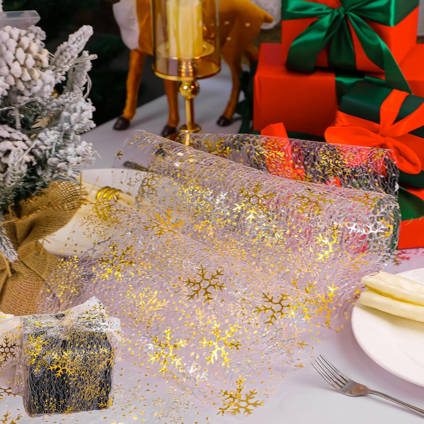 Snowkingdom 2 Pieces Gold Table Runner, Sequin Glitter Foil Metallic Thin Mesh Runner Roll 11"x108", Gold Table Decorations for Event Party, Wedding, Birthday Party, Christmas