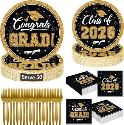 200Pcs Graduation Decorations 2026, Blue Graduation Plates and Napkins Party Supplies for 50 Guests, Disposable Grad Plates, Napkins, Dessert Plates and Forks for Grad Decor Wedding Birthday Supplies