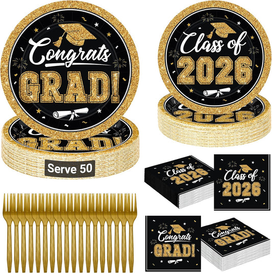 200Pcs Graduation Decorations 2026, Blue Graduation Plates and Napkins Party Supplies for 50 Guests, Disposable Grad Plates, Napkins, Dessert Plates and Forks for Grad Decor Wedding Birthday Supplies