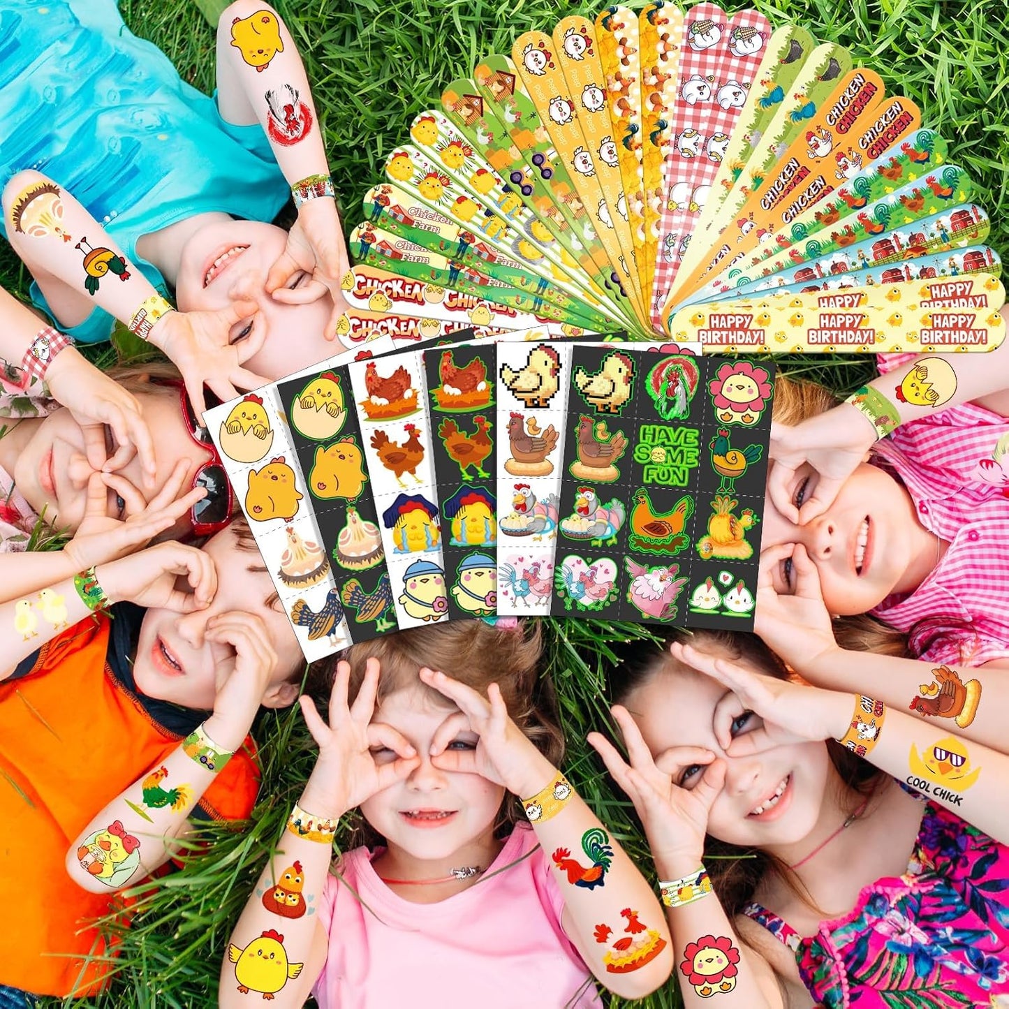 96 PCS Chicken Party Favors Set – 72 Pre-Cut Temporary Tattoos & 24 Slap Bracelets for Kids, Perfect for Farm-Themed Birthday Parties, Classroom Rewards & Barnyard Celebrations