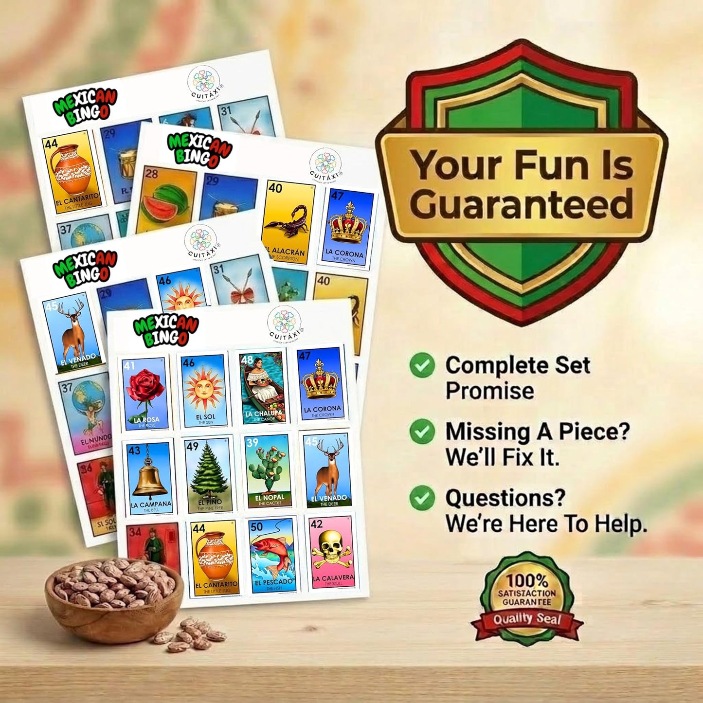Cuitáxi Mexican Bingo Game with 100 Bingo Chips for 20 Players Made in Mexico - Mexican Gifts de lujo - Juegos de mesa - Spanish Board Games