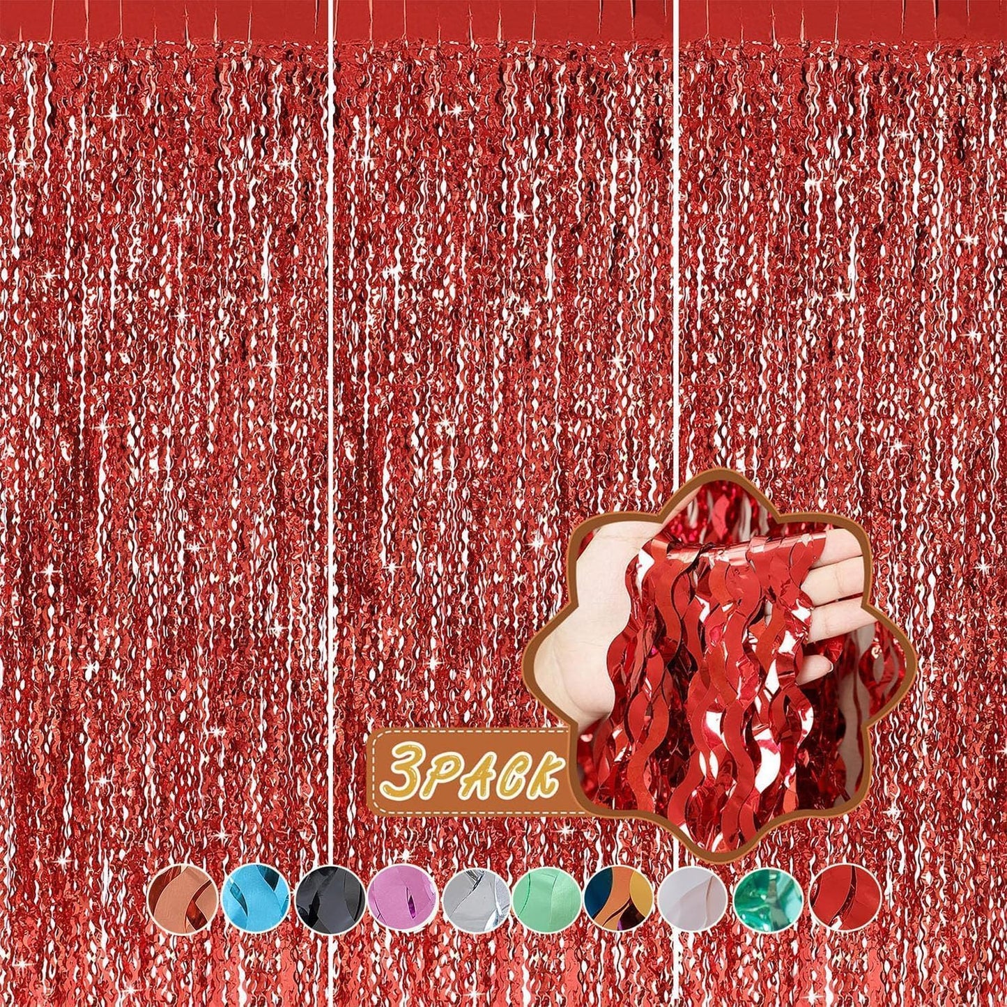 3 Pack Colorful Foil Fringe Curtain Backdrop - 6.6 x 3.3 ft Wavy Rainbow Tinsel Backdrop Curtain Metallic Streamers Iridescent Holiday Photo Booth Party Decorations