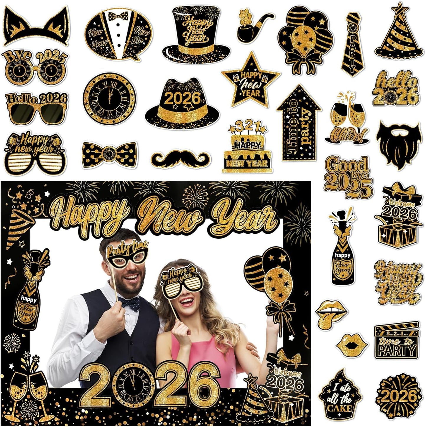 30Pcs New Years Eve Party Supplies 2026 Photo Booth Props Set with Frame 2026 Happy New Year Decorations Selfie Frames NYE Decoration for Parties Selfie Props Photography Decorations