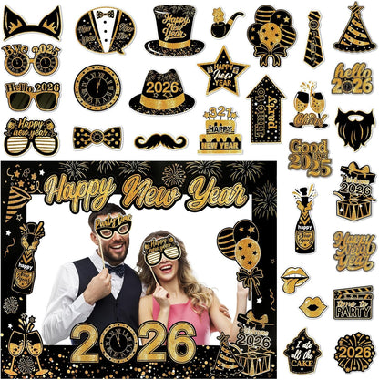 30Pcs New Years Eve Party Supplies 2026 Photo Booth Props Set with Frame 2026 Happy New Year Decorations Selfie Frames NYE Decoration for Parties Selfie Props Photography Decorations