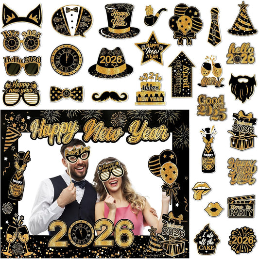 30Pcs New Years Eve Party Supplies 2026 Photo Booth Props Set with Frame 2026 Happy New Year Decorations Selfie Frames NYE Decoration for Parties Selfie Props Photography Decorations