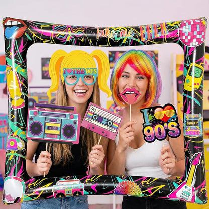 Hawaiian Photo Booth Props & Inflatable Frame, 30Pcs Luau Photobooth Props with Large Inflatable Inflatable Selfie Picture Frame for Summer Tropical Aloha Luau Party Selfie Supplies