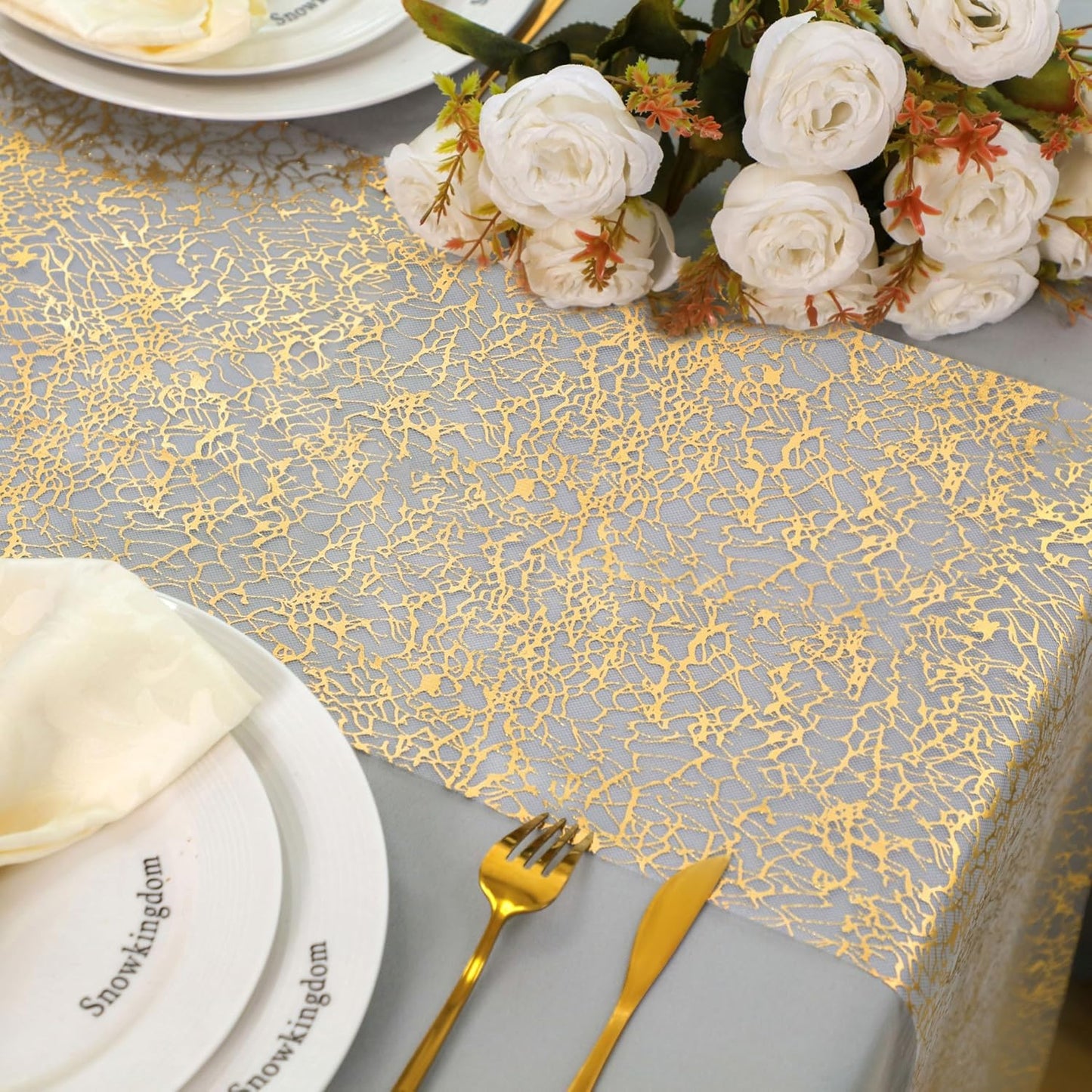 Snowkingdom 2 Pieces Gold Table Runner, Sequin Glitter Foil Metallic Thin Mesh Runner Roll 11"x108", Gold Table Decorations for Event Party, Wedding, Birthday Party, Christmas