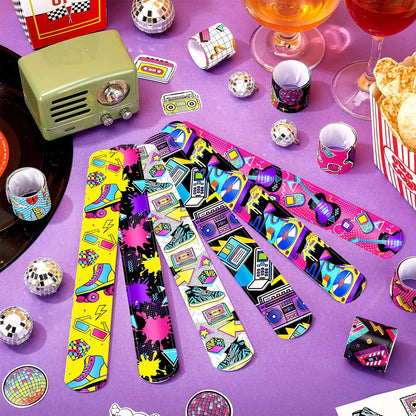 Sinmoe 86 Pcs 80s 90s Party Favors Slap Bracelets Bulk Back to 80s Throwback Theme Party Favors Snap Bracelets with Retro Stickers for Adults Decorations