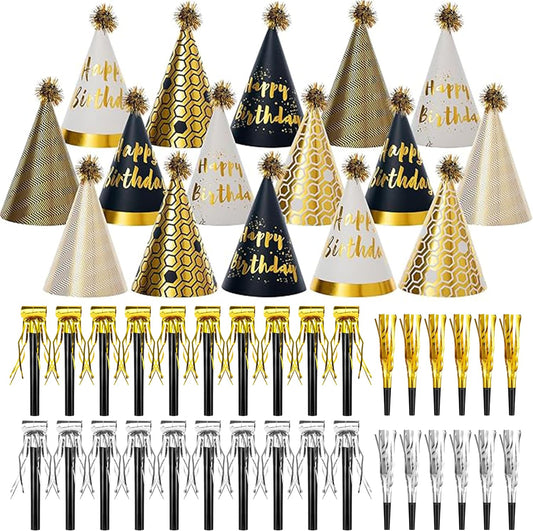 JOYEONDEF 48 Pcs Gold Birthday Party Cone Hats with Noise Makers – Includes 16 Gold Paper Hats and 32 Party Blowers for Birthday Party